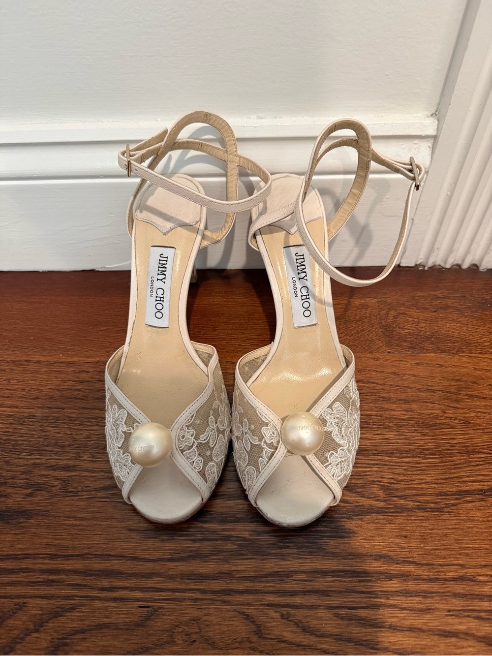 Jimmy Choo Sacora 85 MM Ivory Lace Peep-Toe Ankle Strap Heels with Pearl - Picture 2 of 16
